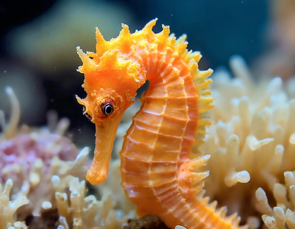 Cá ngựa trắng bơi lội tự do trong môi trường thủy cung