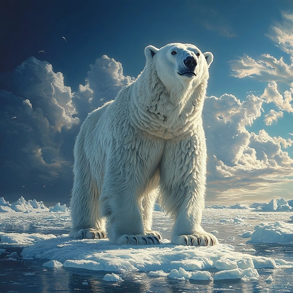 Gấu trắng Bắc Cực nhìn về phía mặt trời lặn