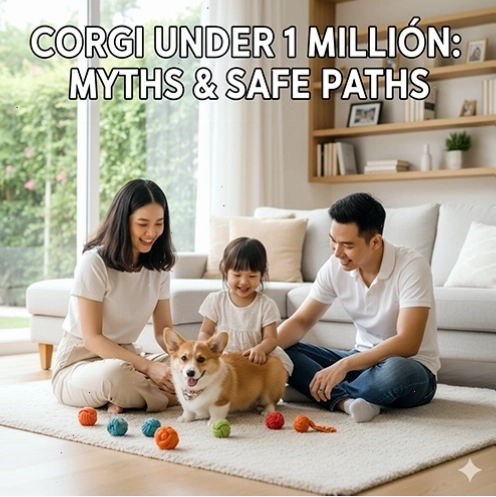 Gia đình vui chơi cùng chó Corgi trong phòng khách, minh họa chủ đề chó Corgi giá rẻ dưới 1 triệu và cảnh báo rủi ro khi mua giá rẻ