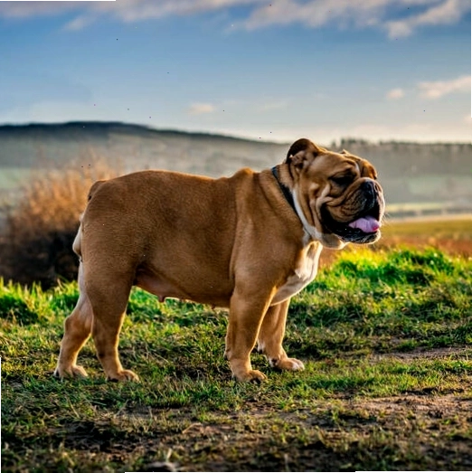 Một chú chó Bulldog khỏe mạnh đứng trên cánh đồng xanh mướt