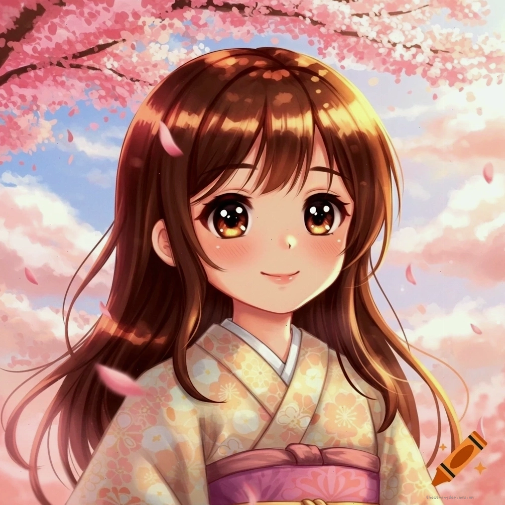 Cô gái chibi dễ thương mặc bộ đồ Kimono Nhật Bản với hoa anh đào