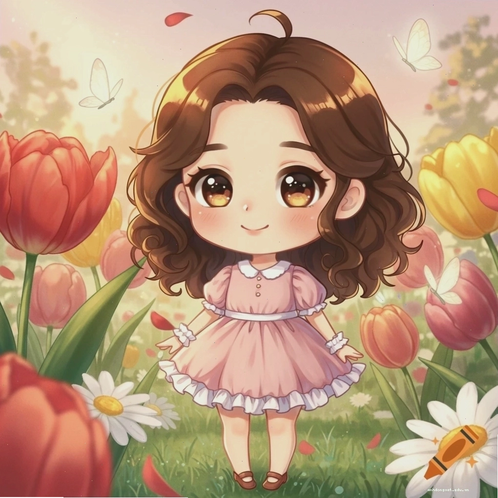 Cô gái chibi tóc nâu mặc váy hồng trên cánh đồng hoa rực rỡ