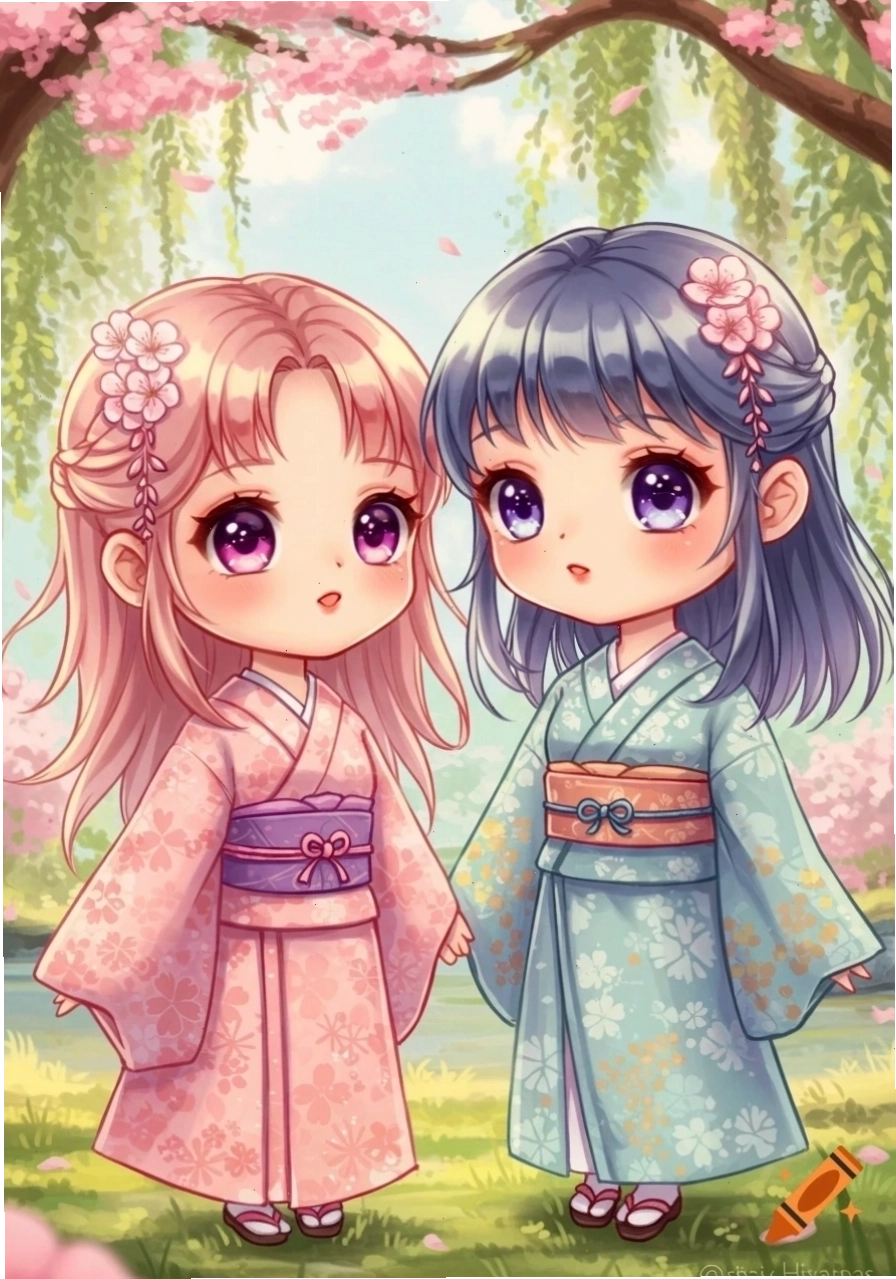 Hai cô gái chibi mặc Kimono hồng và xanh dưới cây hoa đào