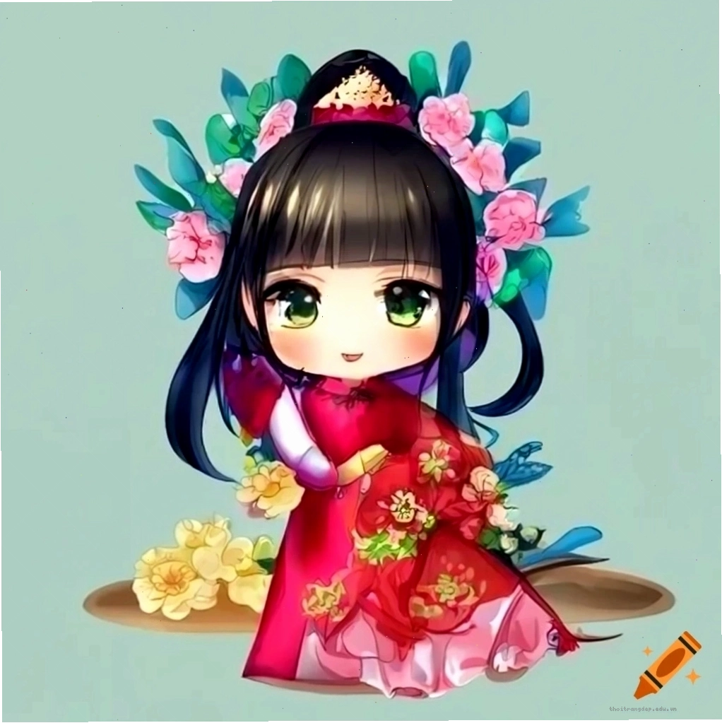 Mẫu ảnh chibi cô gái Việt Nam duyên dáng trong tà áo dài truyền thống