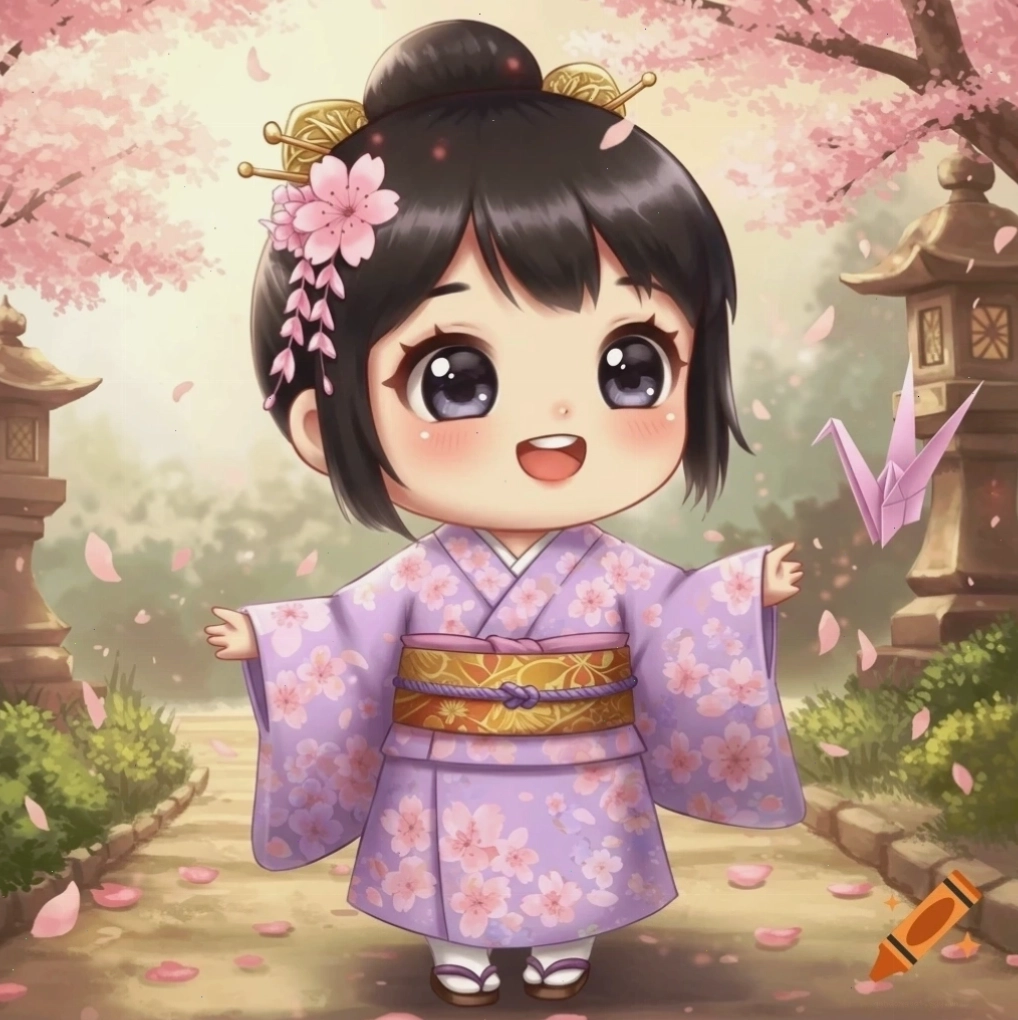 Minh họa chibi nhân vật mặc Kimono tím trong vườn hoa anh đào