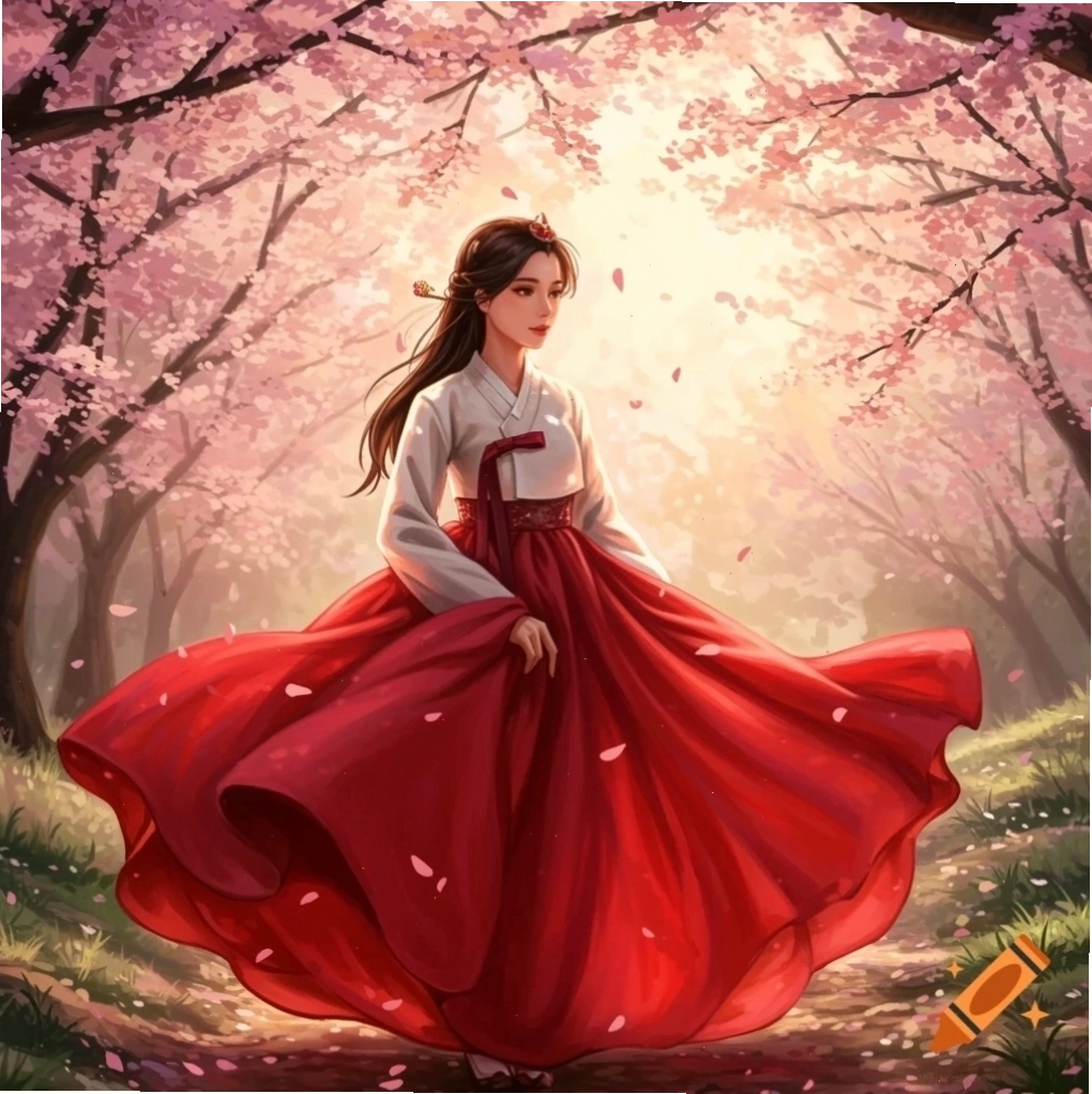 Người phụ nữ mặc Hanbok đỏ trắng đứng giữa rừng hoa anh đào