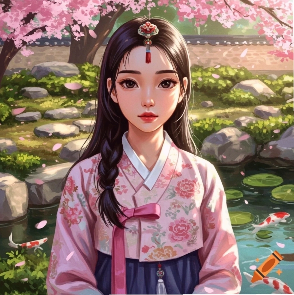 Nhân vật chibi Hàn Quốc mặc Hanbok hồng đứng dưới tán hoa