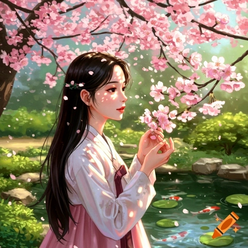 Tranh anime phụ nữ mặc Hanbok bên hồ cá koi đầy màu sắc
