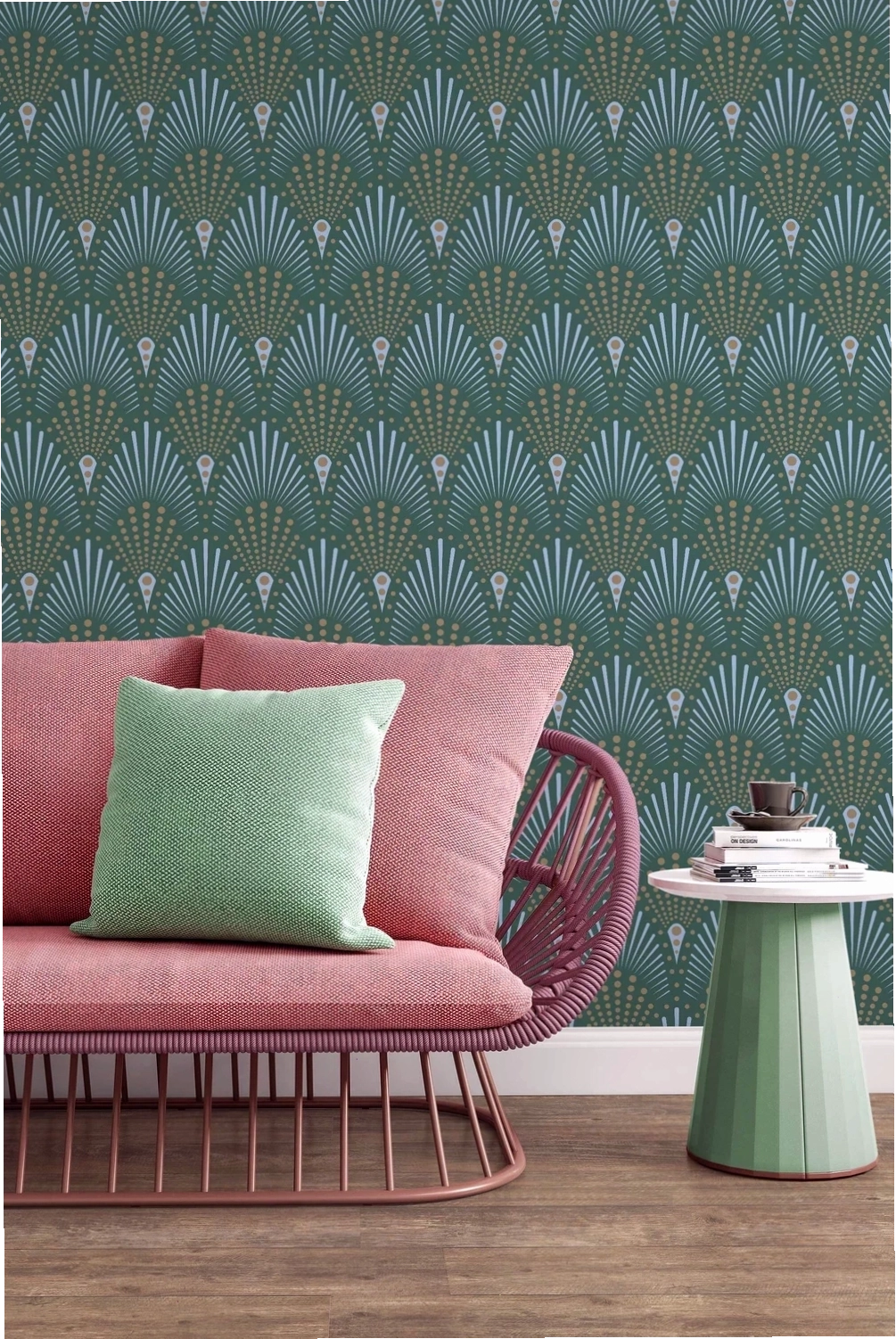 Abstract pattern art deco wallpaper in green and bronze