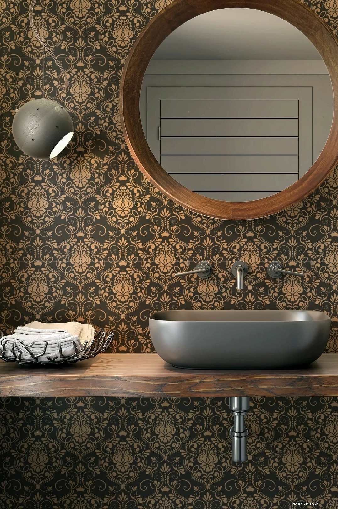 Ornate damask style on a dark background for bedroom walls