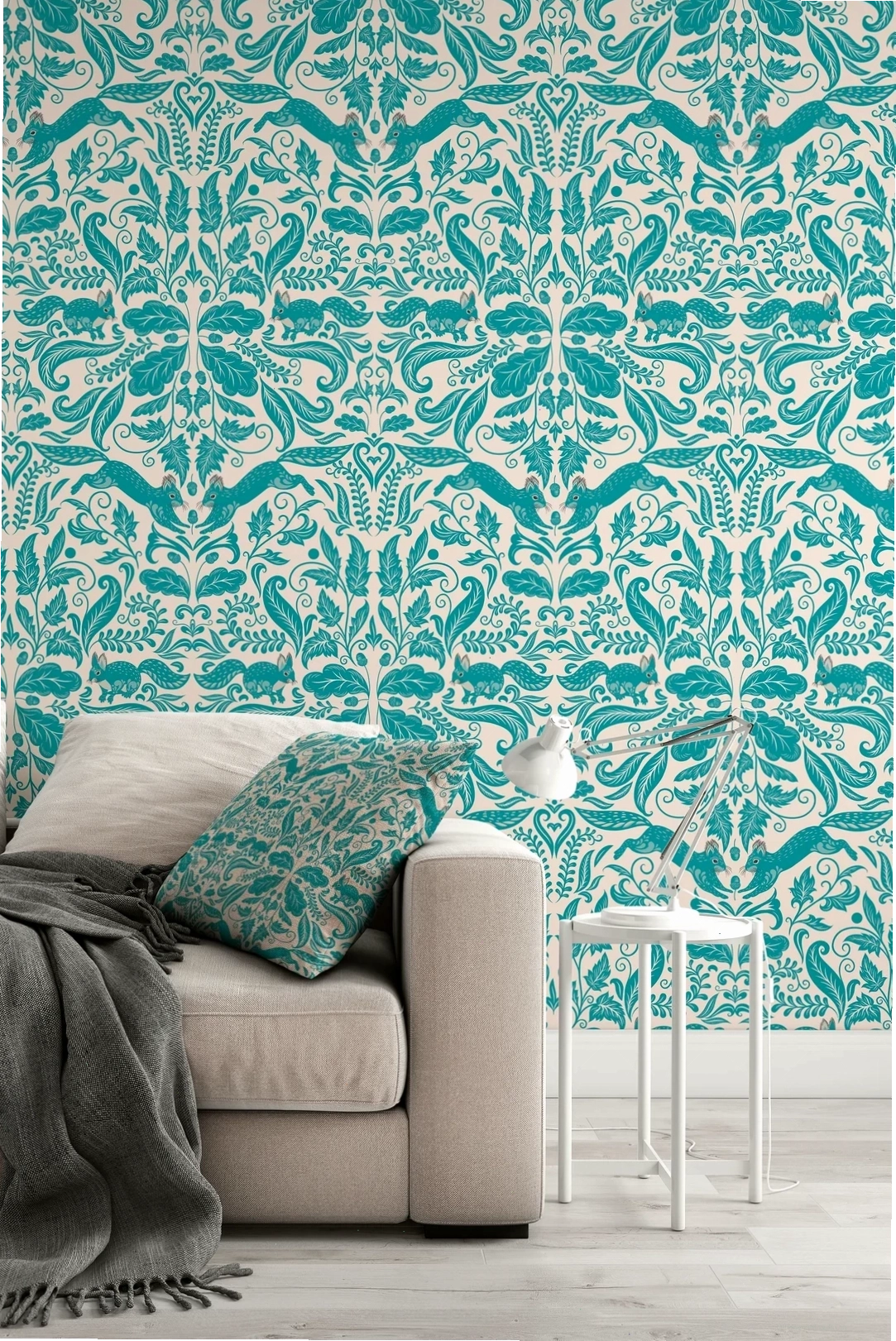 Woodland damask design featuring squirrels and forest elements